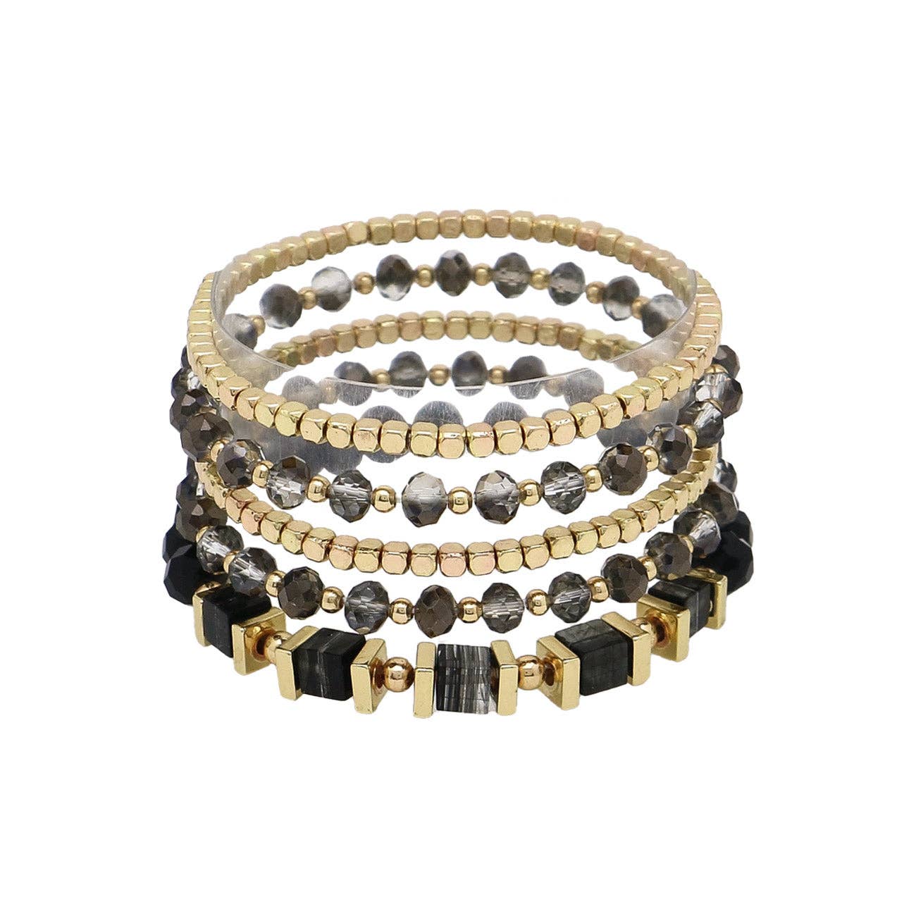 Black Crystal and Gold Set of 5 Stretch Bracelets