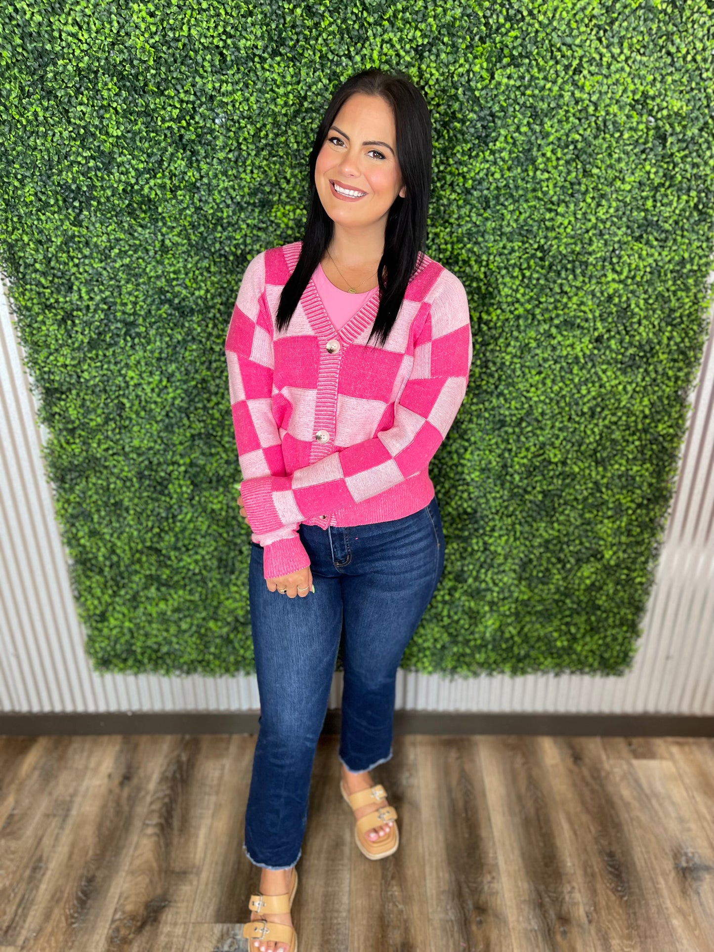 Pink Checkered Cardigan