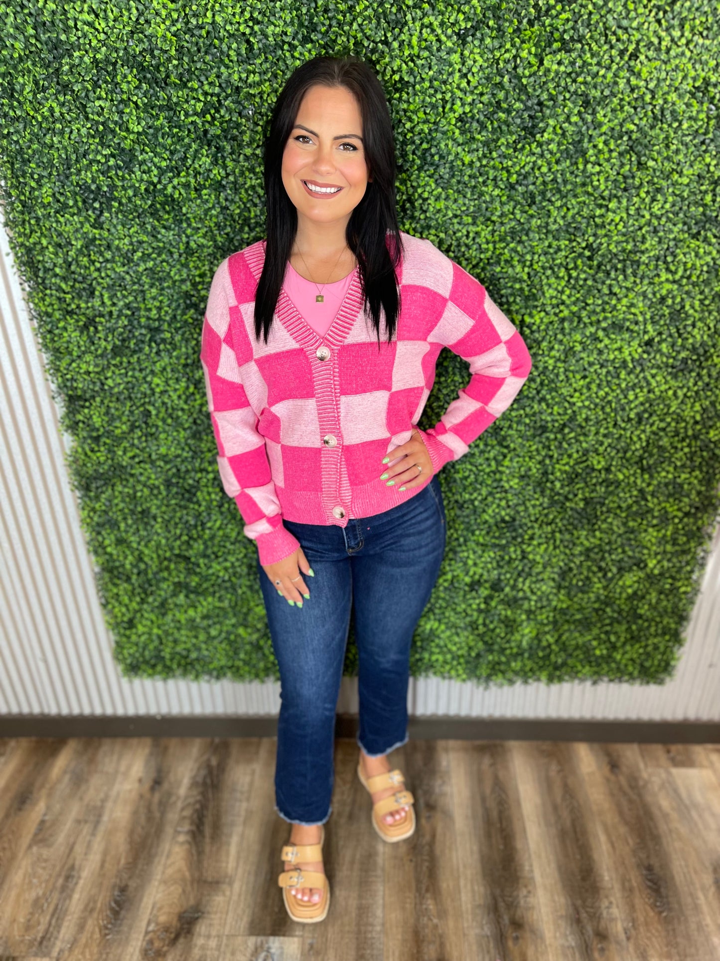 Pink Checkered Cardigan