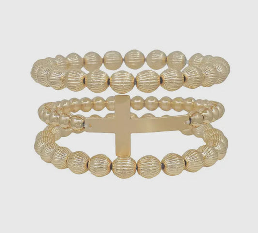 Gold Beaded, Cross Bracelet Set