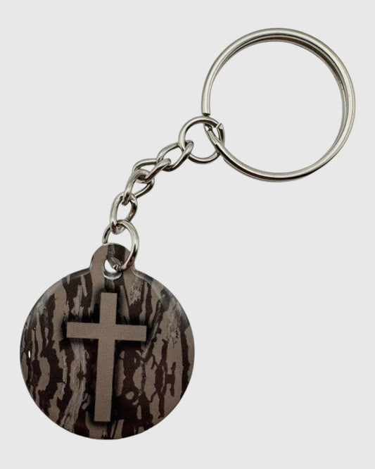 Tap to Pray Tree Bark Cross Keychain