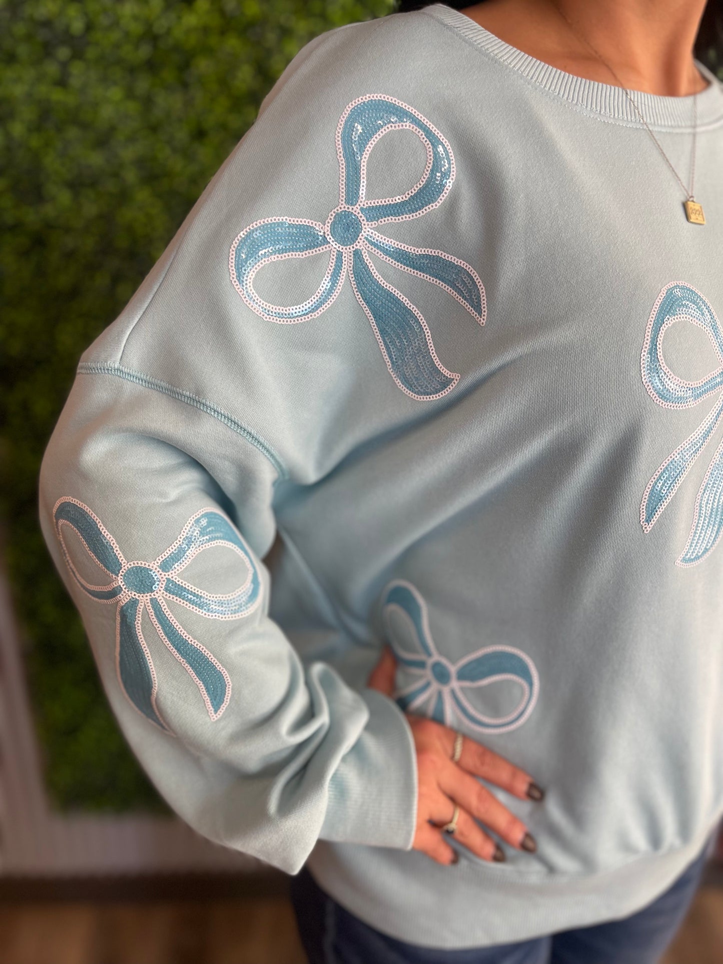 Blue Rhinestone Bow Pullover